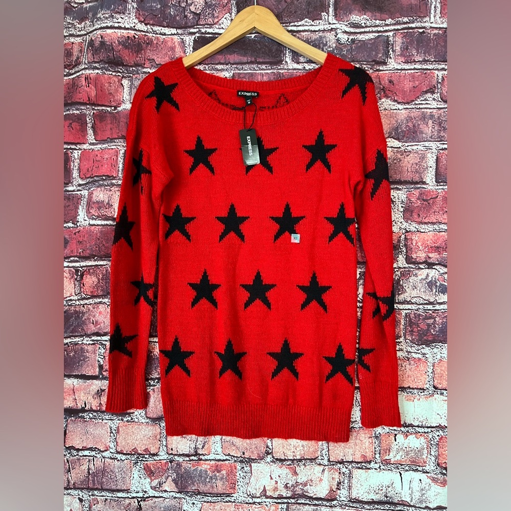 Express Star Jacquard Knit Scoop Neck Sweater Red Black XS NWT